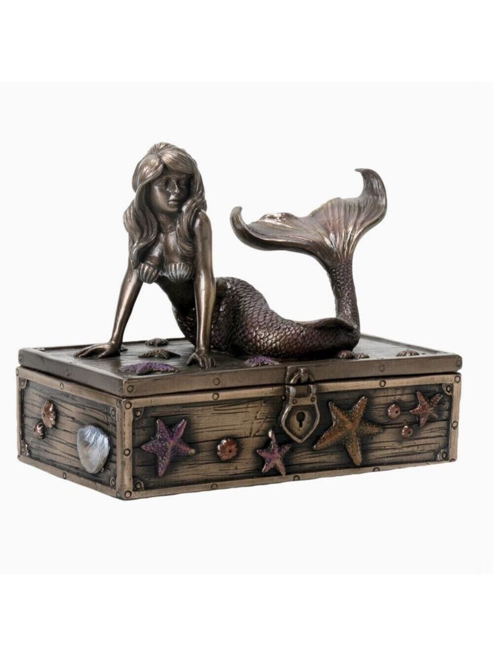 Mermaid on Seashell and Starfish Treasure Box Jewelry Trinket Box - Picture 3 of 5